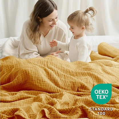 100% Cotton Muslin Blanket Large 50"x 70", 6 Layers Breathable and Lightweight Cotton Throw Blankets for Couch, Soft Cooling Summer Gauze Blanket for Adults All Season, Mustard