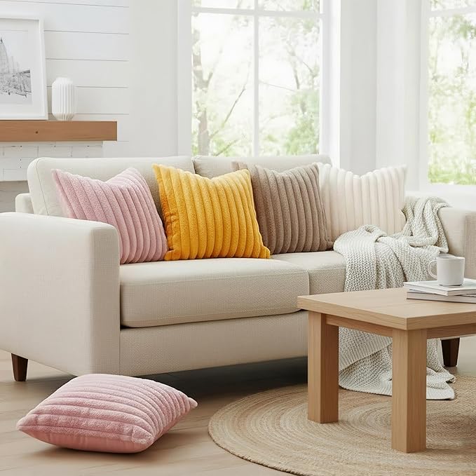 decorUhome Faux Fur Spring Throw Pillow Covers 16x16 Set of 2, Decorative Soft Plush Striped Neutral Couch Pillow Covers with Velvet Back for Sofa, Bed, Living Room Home, Cream White