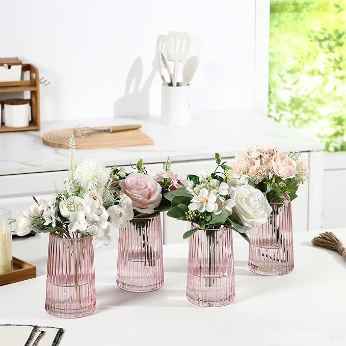 Pink Glass Vases Set of 4, Small Vases for Flowers, Flower Vase for Bouquet, Modern Ribbed Glass Vase for Living Room, Bedroom, Dining Table, Office, Wedding, Centerpieces