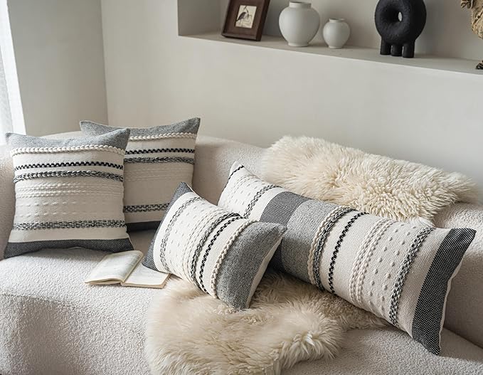 Boho Lumbar Pillow Covers 14x36 Inch Long, Black Textured Decorative Couch Pillow Cases for Farmhouse Home Decor, Accent Cushion Cover for Sofa, Bed, Living Room, Bedroom, Pack of 1