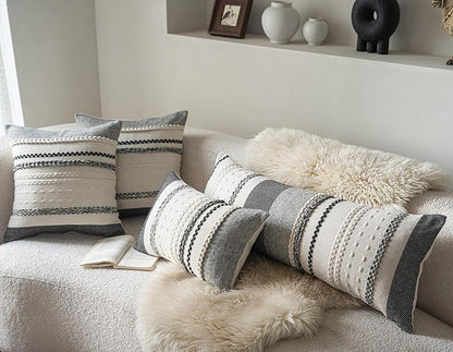 Boho Lumbar Pillow Covers 14x36 Inch Long, Black Textured Decorative Couch Pillow Cases for Farmhouse Home Decor, Accent Cushion Cover for Sofa, Bed, Living Room, Bedroom, Pack of 1