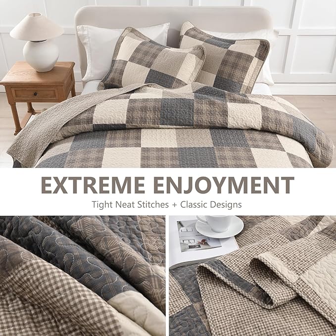 100% Cotton Quilt Set King Size - Reversible Quilted Comforter, Patchwork Plaid King Quilt Bedspread, Modern Farmhouse Lightweight Bedding for King Bed, 3pcs, Charcoal/Beige/Brown