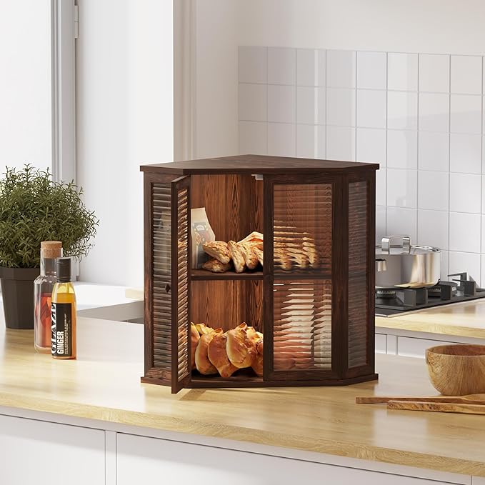 Corner bread box Bread Box for Kitchen Countertop - Corner Bread Storage Box 16.51" H, Premium Pine Wood with Glass Door, Perfect for Homemade Bread, Baguettes & Pastries (Pine wood)