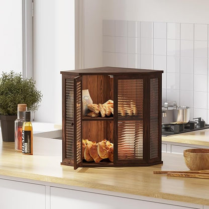 Corner bread box Bread Box for Kitchen Countertop - Corner Bread Storage Box 16.51" H, Premium Pine Wood with Glass Door, Perfect for Homemade Bread, Baguettes & Pastries (Pine wood)
