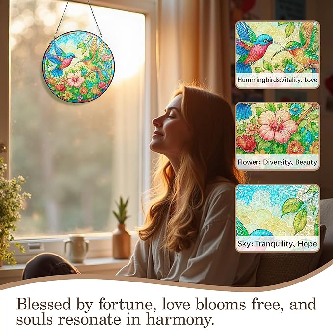 Stained Glass Window Hanging, Hummingbirds Sun Catchers Stained Glass Panels for Indoor Windows Wall Art Decor, Birthday Gift for Mom Women Wife Men Lovers (7.87inch)