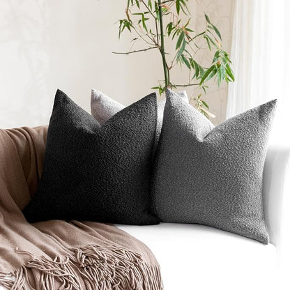 Boucle Decorative Throw Pillow Covers for Couch Set of 2, 18x18 inches, Black