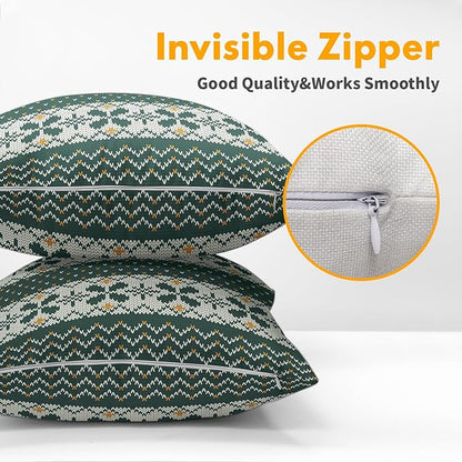Dark Green Christmas Pillow Covers 20x20 Set of 2 Xmas Floral Pattern Rustic Decorative Outdoor Farmhouse Zipper Pillowcases Decorations Winter Holiday Throw Cushion Cover Decor for Couch Sofa Bed