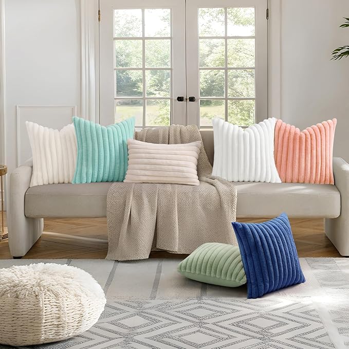 decorUhome Faux Fur Spring Throw Pillow Covers 18x18 Set of 2, Decorative Soft Plush Striped Neutral Couch Pillow Covers with Velvet Back for Sofa, Bed, Living Room Home, Blush Pink