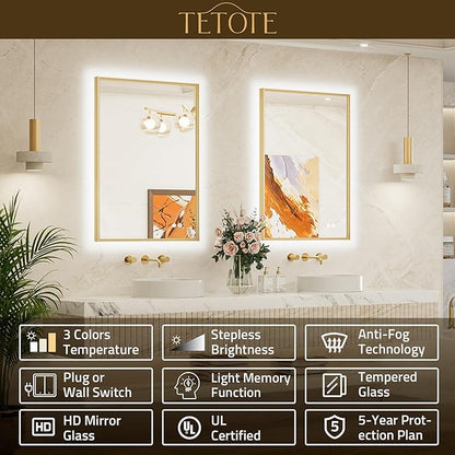 TETOTE 40 x 30 Backlit Bathroom Mirror Brushed Gold Metal Frame LED Light Vanity 3-Color White/Warm/Natural Stepless Dimmable Anti-Fog Backlight Mirror Wall-Mounted