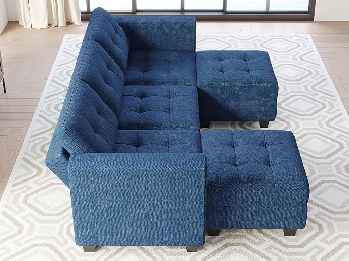 Belffin Modular Sectional Sofa Couch with Double Chaises U Shaped Sectional Sofa Modular with Storage Seat Modular Couch with Reversible Ottomans Blue