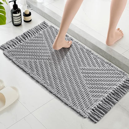 H.VERSAILTEX Waffle Bath Mat Super Absorbent Boho Bath Mat Non Slip Bath Rugs for Bathroom Floor Machine Washable Dry Fast Bathroom Rugs with Tassels, 17" x 24", Dove