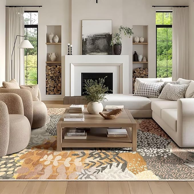DEXDE Fall Large Area Rugs 9x12 Living Room, Floral Washable Rug Boho Print Vintage Low Pile Non Slip Carpet for Bedroom Kids Room Nursery Office Dinning Room,Camel