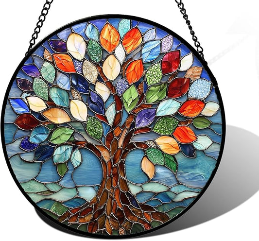 DASTOLL Stained Glass Window Hanging, Colorful Tree of Life Sun Catchers Glass Panel Blue Suncatcher Decor for Birthday for Women, Men, Wife, Aunt, and Mom 11.8x11.8 in