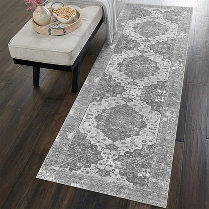 vivorug Grey Runner Rug 2x10 Machine Washable Rug with Non-Slip Backing, Ideal for Kitchen Hallway Entryway Laundry Room - Vintage Floral, Durable, Easy Clean, Low Pile Carpet Runner