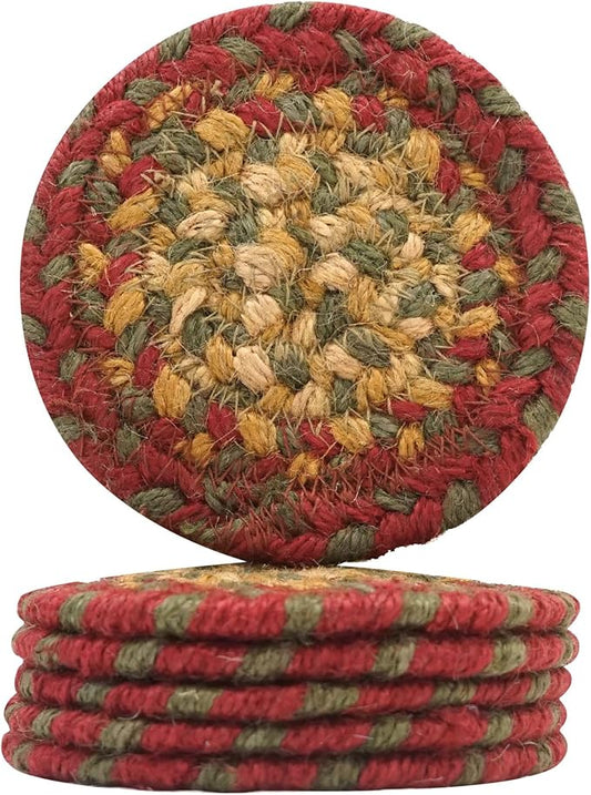 Homespice Cider Barn Jute Braided Coasters 4", Warm Country Rustic Decor, Set of 6, Red - Durable, Absorbs Moisture, Easy to Clean and Protects Furniture