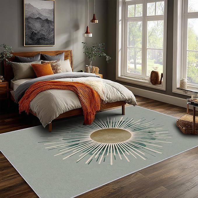 Sun Rug, 8x8 Area Rugs Boho Simple Minimalist Green Pattern for Living Room, Bedroom, Sun Home Decor Accessories Indoor Carpet, Non Slip & Machine Washable