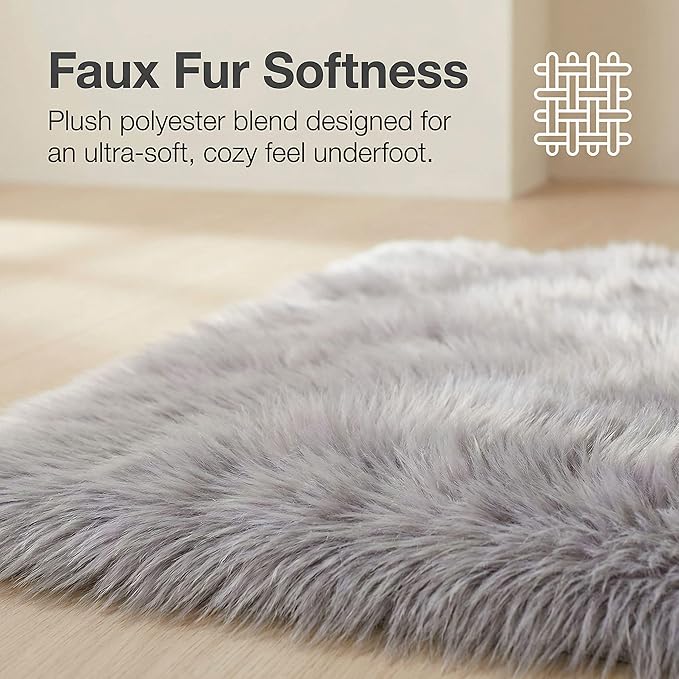 3 x 5 ft Fluffy Gray Rug – Cozy Faux Fur Rug for Bedroom, Living Room, or Nursery – Soft Faux Sheepskin Decor Accent