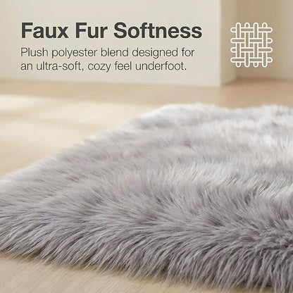 3 x 5 ft Fluffy Gray Rug – Cozy Faux Fur Rug for Bedroom, Living Room, or Nursery – Soft Faux Sheepskin Decor Accent