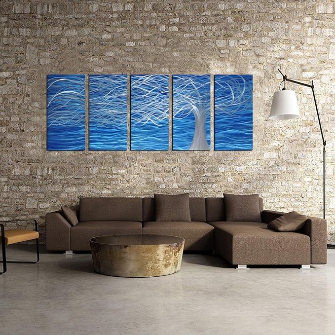 MyArton Unique Metal Wall Sculpture, Metal Wall Art with Tree Painting Design, Abstract Modern and Contemporary Décor, Aluminum Blue Artwork, Indoor and Outdoor decoration, 5 panels 64"Wx24"H