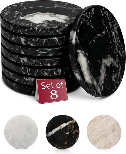 Gusto Nostro Black Marble Coasters Set of 8 - Modern Natural Stone Coasters for Drinks - Solid Marble Kitchen Accessories, Round Artisanal Stone Coaster for Kitchen Counter, Coffee Table, Countertop