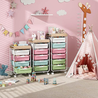 Rolling Storage Utility Cart With 5 Drawers,Craft Cart with Wheels,Makeup Organizer,Art Supply And Storage Wooden Tabletop,Rainbow