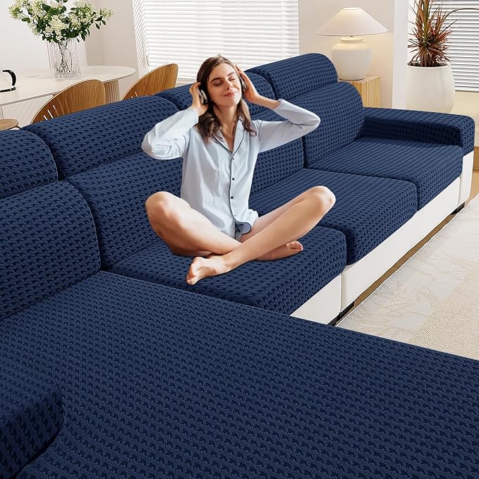 MAXIJIN Couch Cushion Covers for Sectional Sofa, Stretch Sofa Cushion Cover Washable Furniture Protector with Elastic Bottom & Non-Slip Strap for Pets Kids (3PC Seat Cover, Navy Blue)