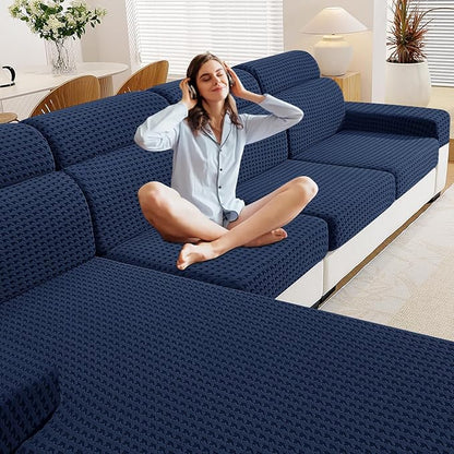 MAXIJIN Couch Cushion Covers for Sectional Sofa, Stretch Sofa Cushion Cover Washable Furniture Protector with Elastic Bottom & Non-Slip Strap for Pets Kids (1PC Chaise Cover, Navy Blue)