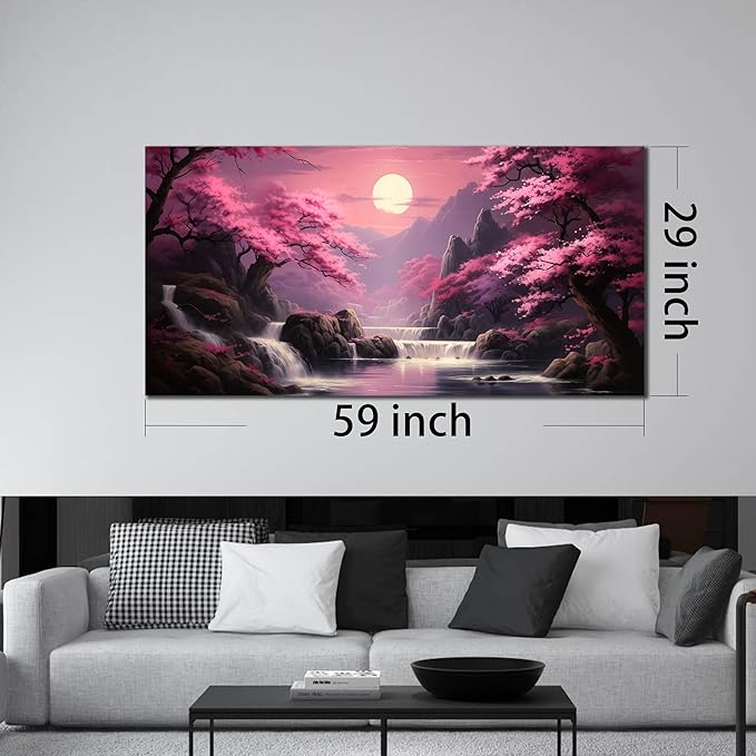 Landscape Wall Art for Living Room Bedroom Office Pink Wall Art Moon Lake Mountain Pictures Modern Artwork Framed Wall Decor Canvas Prints 29x59 In