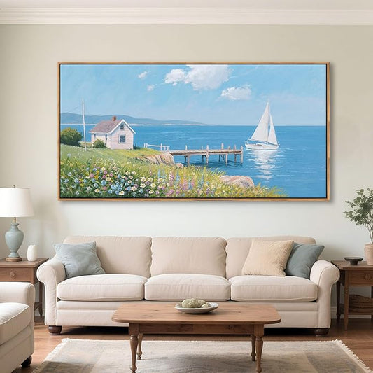 Coastal Pictures for Living Room, Beach Wall Art, Floral Wall Art Featuring Sailboat and Ocean Wall Decor, Nautical Framed Art for Bedroom or Above Bed Decor Large Artwork for Walls 20×40IN