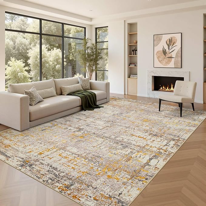 Area Rugs 8x10,Large Soft Rugs for Living Room, Washable, Modern Neutral Abstract Rugs for Bedroom Dining Room, Non-Slip Foldable Thin Indoor Carpet Stain Resistant(Beige Gold)