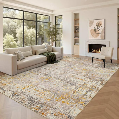 Area Rugs 8x10,Large Soft Rugs for Living Room, Washable, Modern Neutral Abstract Rugs for Bedroom Dining Room, Non-Slip Foldable Thin Indoor Carpet Stain Resistant(Beige Gold)