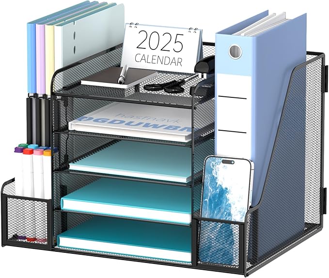 SUPEASY 5-Tier Mesh Desk Organizer with File Holder & Bookends, Metal Paper Letter Tray Organizer with 2 Pen Cups, Large-Capacity Desktop File Sorter for Home Office/School, Black