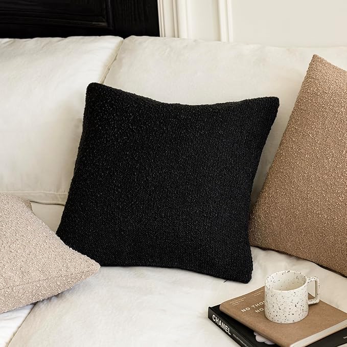 Foindtower Decorative Textured Boucle Throw Pillow Covers Accent Solid Pillow Cases Neutral Soft Cozy Couch Cushion Case for Chair Sofa Bedroom Living Room Home Decor 24 x 24 Inch,Black