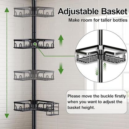 Corner Shower Caddy Tension Pole 4 Tier Adjustable Stainless Steel Shower Shelf for Inside Shower Bathtub Shampoo,Standing Bathroom Organizer Shelves with 39 to 113 inch Height