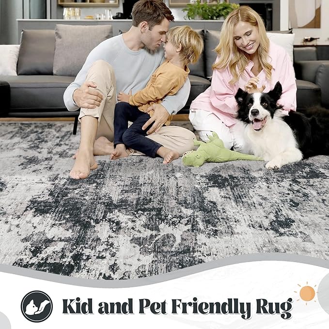 6x9 Area Rugs for Living Room, Washable Modern Abstract Large Area Rug Neutral Soft Non Slip Kids Rug Stain Resistant Indoor Carpet for Bedroom Nursery Dining Room Playroom Home Office(Black, 6'x9')