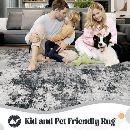 8x10 Area Rugs for Living Room, Washable Modern Abstract Large Area Rug Neutral Soft Non Slip Kids Rug Stain Resistant Indoor Carpet for Bedroom Dining Room Playroom Home Office(Black, 8'x10')