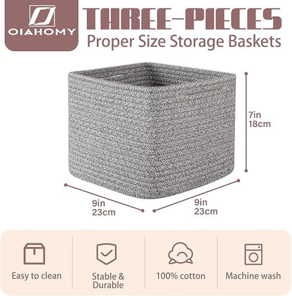 OIAHOMY 9”x9”x7” Storage Cubes, Cotton Rope Woven Baskets for Organizing, Cube Storage Bin, Small Gift Basket for Shelf, 3-Pack, Grey