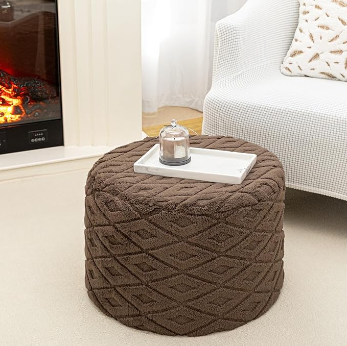 Round Pouf Ottoman Stuffed 20 x 20 x 14 Inches Boho Poof Foot Stool Home Decor Floor Pouffe Ottoman Foot Rest for Couch Sofa Bean Bag Chairs Living Room Bedroom (Dark Coffee)