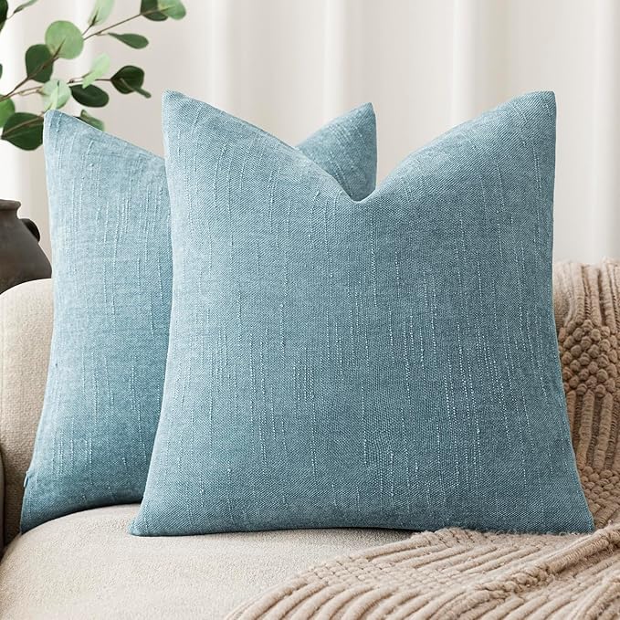 Foindtower Pack of 2 Textured Chenille Throw Decorative Pillow Covers Square Accent Solid Cushion Cover Neutral Farmhouse Pillow Case for Couch Sofa Bedroom Living Room 22x22 Inch,Light Blue