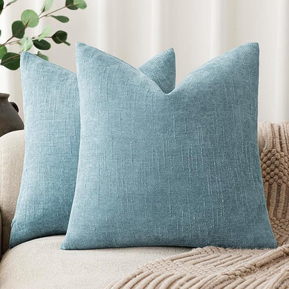 Foindtower Pack of 2 Textured Chenille Throw Decorative Pillow Covers Square Accent Solid Cushion Cover Neutral Farmhouse Pillow Case for Couch Sofa Bedroom Living Room 16x16 Inch,Light Blue