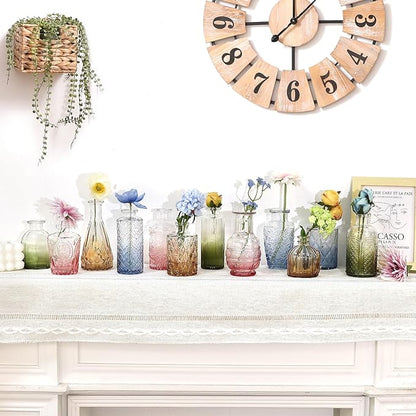 CUCUMI 12 Pack Colorful Glass Bud Vases, Small Colored Vintage Vases for Centerpieces, Decorative Flower Vases for Wedding Home Table Decor(Amber, Blue, Green, Pink)