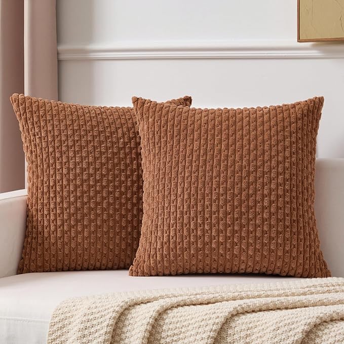 Kevin Textile Decorative Pillow Covers Set of 2 Striped Plush Corduroy Pillows Pillowcases Boho Home Decor Cushion Covers for Couch Sofa Bed Living Room 22x22 Inch, Burnt Orange