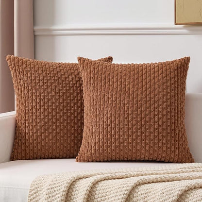 Kevin Textile Decorative Pillow Covers Set of 2 Striped Plush Corduroy Pillows Pillowcases Boho Home Decor Cushion Covers for Couch Sofa Bed Living Room 16x16 Inch, Burnt Orange