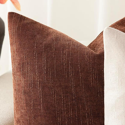 Foindtower Pack of 2 Textured Chenille Throw Decorative Pillow Covers Square Accent Solid Cushion Cover Neutral Farmhouse Lumbar Pillow Case for Couch Sofa Bedroom Living Room 12x24 Inch,Red Taupe