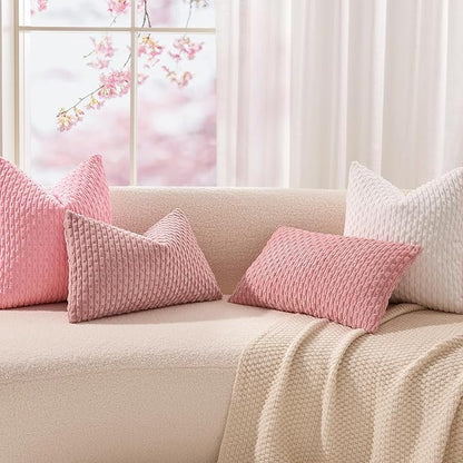 Kevin Textile Valentines Day Decorative Pillow Covers Set of 2 Striped Plush Corduroy Pillows Pillowcases Boho Home Decor Cushion Covers for Couch Sofa Bed Living Room 18x18 Inch, Dark Pink