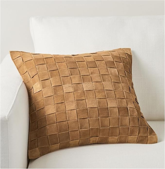 Genuine Lamb Leather Cushion Pillow Cover - Luxury Leather Pillow Case - Modern, Boho, Farmhouse Home Decor - Bedroom Couch, Living Room, Sofa Bed (Basketweave - Camel, 20" x 20")