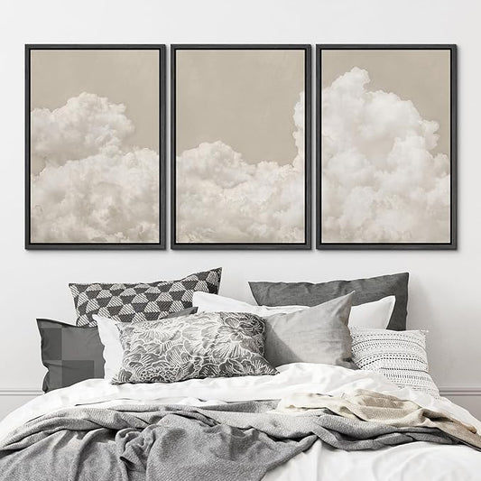 MUDECOR Framed Wall Art Print Set Serene Sky Filled with Fluffy Clouds Illustrations Modern Art Decorative Colorful Chic for Living Room, Bedroom, Office - 24"x36"x3 Black