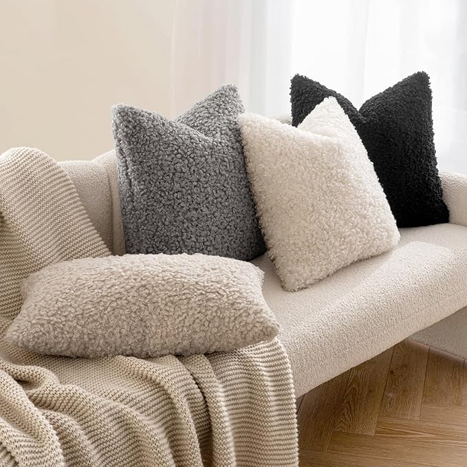 MIULEE Pack of 2 Throw Pillow Covers 18x18 Inch Neutral Black Faux Fur Decorative Sherpa Pillow Covers Fuzzy Accent Soft Sheepskin Fleece Cushion Cases for Boho Home Decor Couch Living Room Bed