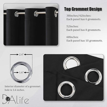 DUALIFE Black Curtains 45 Inch Length - Black Out Thermal Insulated Grommet Drapes for Office Small Windows 52x45 Inches Long Set of 2 Panels
