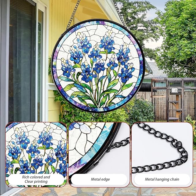 Rngmsi Stained Glass Window Hanging, Forget-Me-Not Sun Catcher Gift for Housewarming, Forget Me Not Suncatchers Gifts for Plant Lover Friends Home Decor 8 Inch